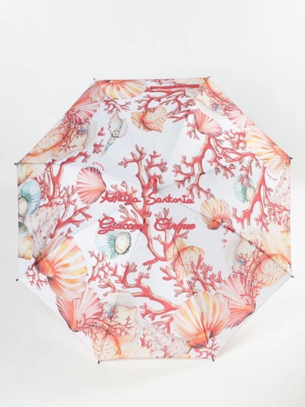 Antica Sartoria Coral Seashell Print Folding Umbrella Peach White NWT